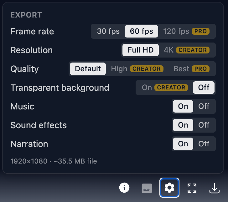 The new export panel with frame rate, resolution, quality, transparent background, music, sound effects and narration options